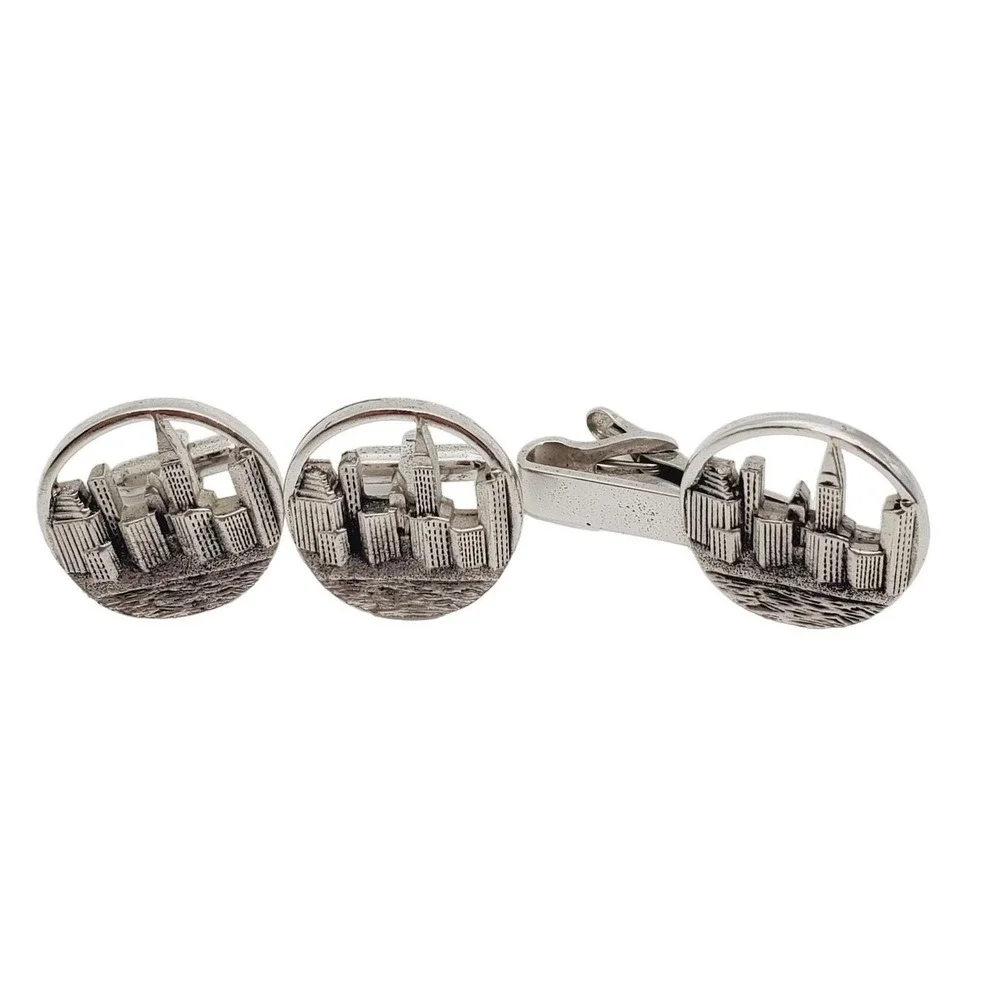 Swank NYC Cufflinks Tie Clip Bar New York Skyline Silver Tone Clasp Bar Mens Vtg
